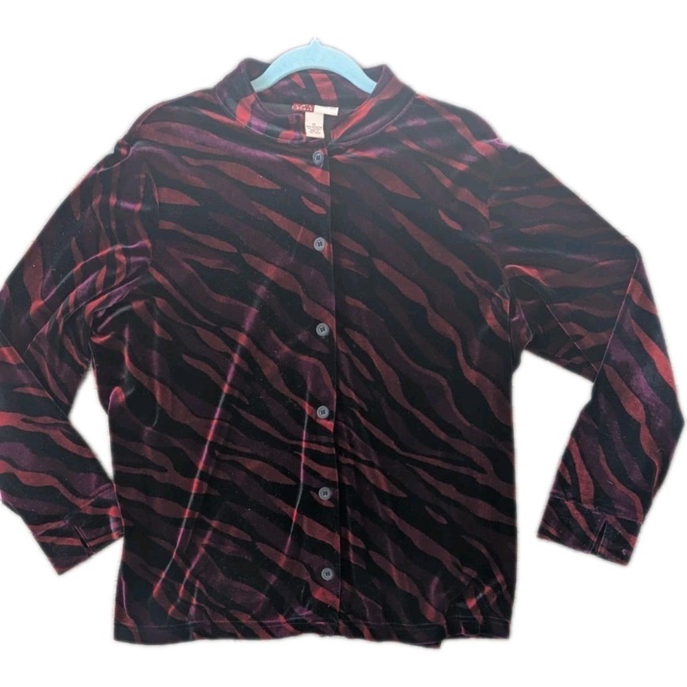 Vtg MJ Collection 1X Shacket Velvet Burnout Tiger Print Long Slv Jacket Festive